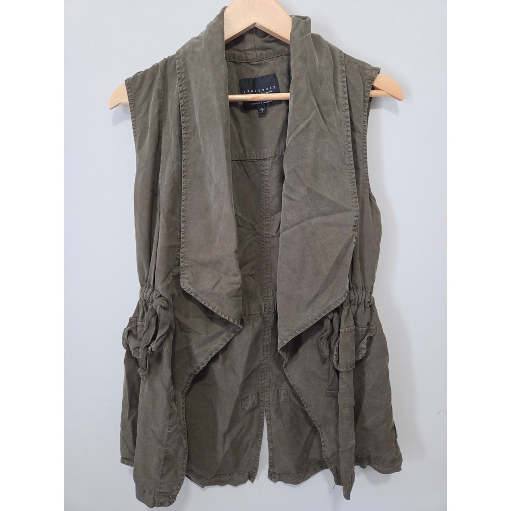 Sanctuary Olive Green Tencel Utility Vest Draped Open Front Drawstring Small